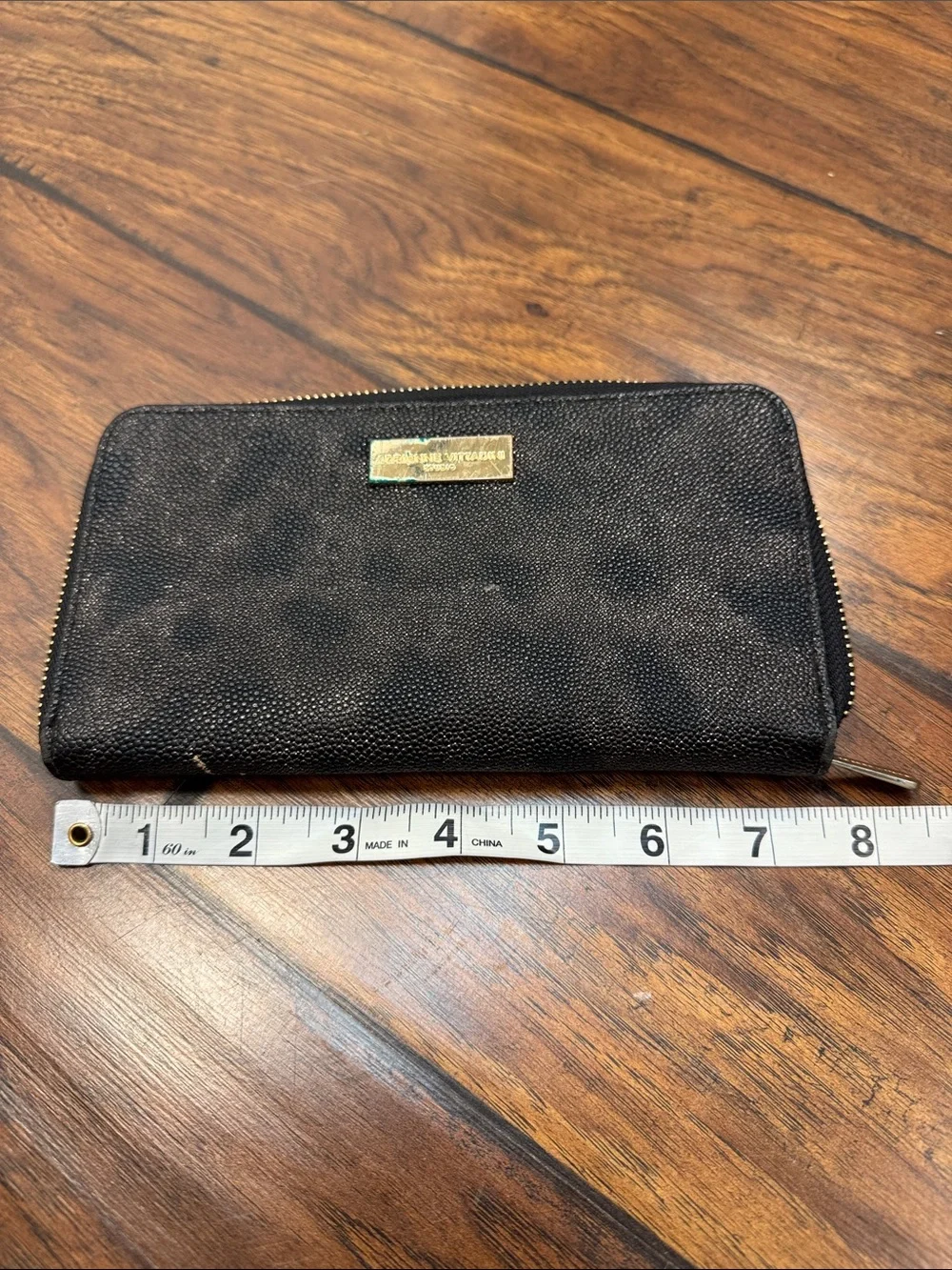 Adrienne Vittadini Black Zip Around Wallet Purple Interior Pebbled